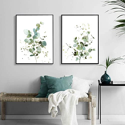OTURRI Minimalistische botanische Wand Bilder Eukalyptus Leinwand Gemälde grüner Stil Posterdruck nordischer Baum Blatt Wandbild Wohnzimmer Schlafzimmer Dekor 40 x 60 cm x 2 ungerahmt