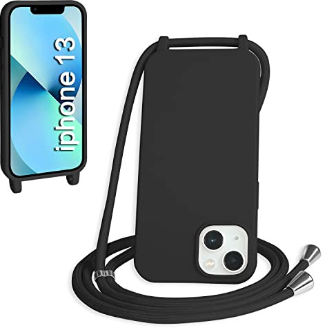 WenBaby Handykette für iPhone 13 Hülle mit Band,Handyhülle mit Schnur zum Umhängen Silikon Seil Necklace Schutzhülle mit Kordel Tasche Case TPU Bumper für iPhone 13- Schwarz
