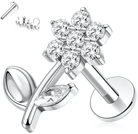 16G Labret Schmuck Titan Labret Ohrstecker Innengewinde Flatback Labret Ohrringe mit Blume CZ Lippenstecker Tragus Piercing Schmuck 8mm Monroe Medusa Helix Ohrstecker Lappen Knorpel Muschel Ohrringe