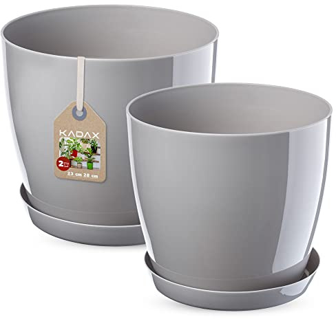 KADAX Pot de Fleurs Rond en Plastique avec Soucoupe - pour Intérieur, Plantes et Herbes - Lot de 2 (23 + 28 cm, Gris)