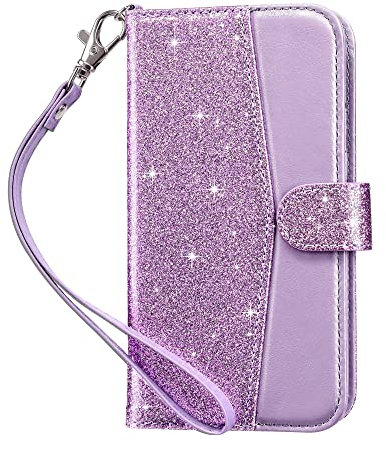 ULAK for iPhone 12/12 Pro Case Wallet Flip Case with Card Holder PU Leather+TPU Cover Hand Strap Stand Shockproof Protective Case Compatible with iPhone 12/iPhone 12 Pro 6.1 inch - Purple Glitter