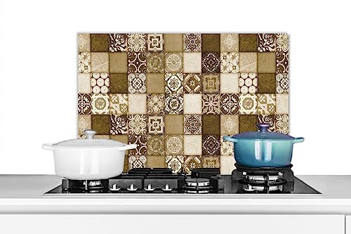 KitchenYeah© Spritzschutz Küchenrückwand Küche Deko Aluminium Platte Wandschutz Herd Spritzschutz WandverkleidungMosaiksteine - Vintage - Blumen - Braun - Fliesen - Design - 70x50 cm
