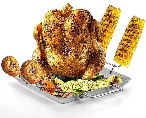Bekith Beer Can Chicken Holder Roasting Pan with Vegetable Spikes, Stainless Steel Barbecue Rack Chicken Stand for Grill, Oven or Smoker, Dishwasher Safe