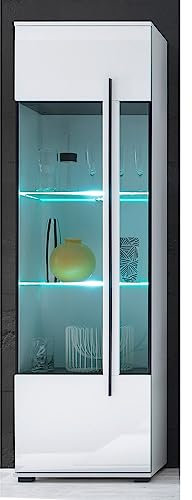 Lomadox Moderne Stand-Vitrine in weiß Hochglanz inkl. LED mit Glaseinsatz aus Grauglas BxHxT: 60x200x37cm
