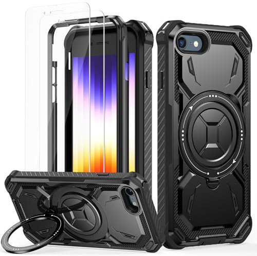 Lanhiem für iPhone SE Hülle 2020/2022, für iPhone 8/7 Hülle mit 2 Stück Schutzfolie, 360° Ring Ständer Schutzhülle, Militärischer Stoßfest Handyhülle für iPhone SE 2020/SE 2022/8/7 Case, Schwarz
