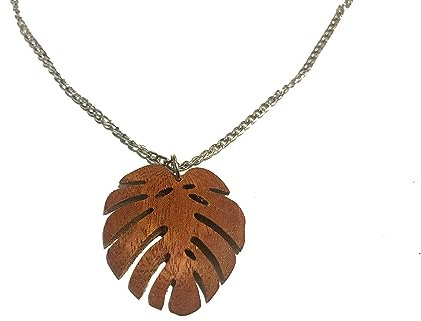 Halskette aus Mahagoni Holz Form Monstera Blatt, silberne Panzerkette aus Edelstahl, handgemacht (50, Panzerkette)