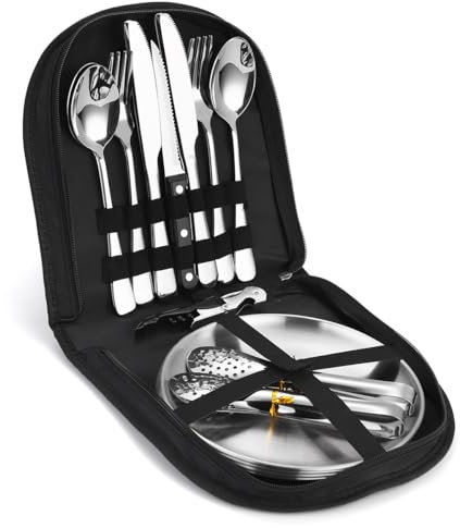 [20-teilig für 4 Personen] Camping Besteck Set. Edelstahl-Gabeln, Messer und Löffel. Inklusive tragbarer Bestecktasche - Portable Geschirr ideal für Outdoor, Grillen und Wandern. (Enthält 4 Teller)