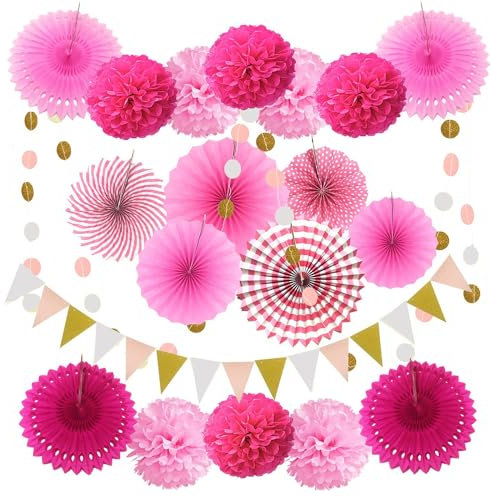 Pink Party Decoration, Pink Hanging Paper Fans, Pom Poms Flowers, Garlands String Polka Dot and Triangle Bunting Flags for Wedding Birthday Graduation Christmas Party Decorations 20 Pcs