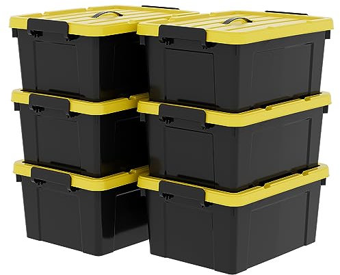 Cetomo 35L*6 Storage Boxes, Plastic Storage Box with Lids, Handle and Latching Buckles for Tool Outdoor Garden Garage Home, Durable, Heavy Duty, Stackable, Nesting, Black and Yellow, 35L(6 Pack)