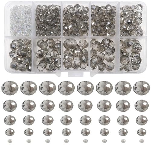 TOAOB 1000pcs Perles à Facette de Cristal Rondes en Verre en Vrac 2mm 4mm 6mm 8mm 10mm Gris Transparent Crystal Beads pour Fabrication de Bijoux DIY Bracelets Colliers Artisanat