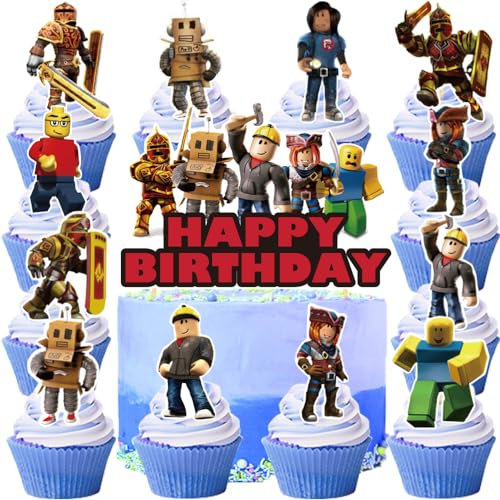 YGCHEN Tortendeko für Roblox Cupcake Topper Robot Geburtstag Kuchen Dekoration Videospiel Kuchen Deko Happy Birthday Cake Topper Kindergeburtstag Kuchendekoration 26 Stück