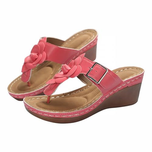 Stivali invernali con zeppa nascosta per donna moda retrò in pelle solida fiore decorativo punta aperta suola spessa sandali con zeppa da donna in memory foam, Rosso, 39.5 EU