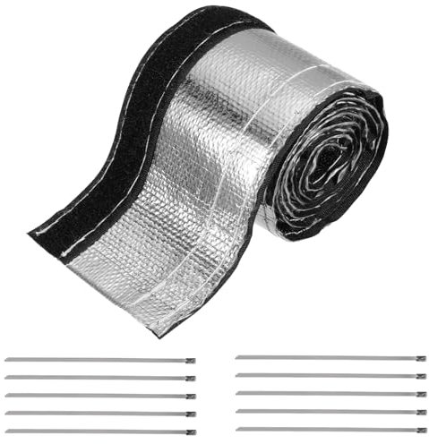 sourcing map Heat Shroud Sleeve Aluminized Silver Sleeving 12mm 1/2 Inch ID x 100cm 3.3FT Heat Cable Sleeving for Hose Wire Heat Protection with Hook&Loop,10PCS Stainless Steel Ties