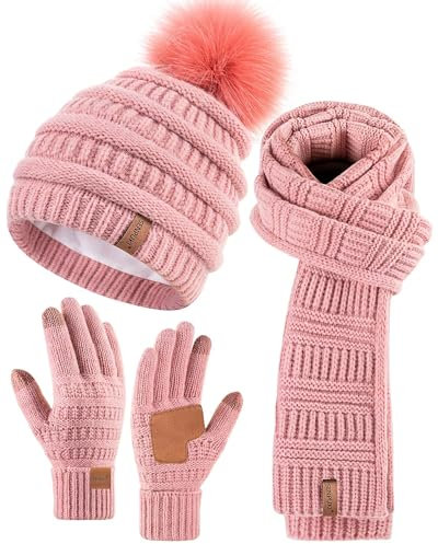 SENPUKI Mütze, Schal & Handschuh-Sets für Damen, Beanie Mütze Damen Winter mit Bommel Fleece Gefütterte, Touchscreen Handschuhe Schal Wärmer Cap 3-in-1 Geschenk Set für Kaltes Wetter(Rosa)