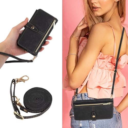 FMPCUON Hülle für Samsung Galaxy S10 Hülle mit Band, Leder Samsung Galaxy S10 Handytasche Handyhülle Praktische Handykette Kartenfächer Brieftasche Umhängetasche Samsung Galaxy S10 Case, Schwarz