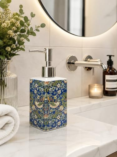 Strawberry Thief Blue Soap Dispenser Porcelain 200 ml 7 fl oz William Morris Fantasty Birds Liquid Pump Hand Decorated UK