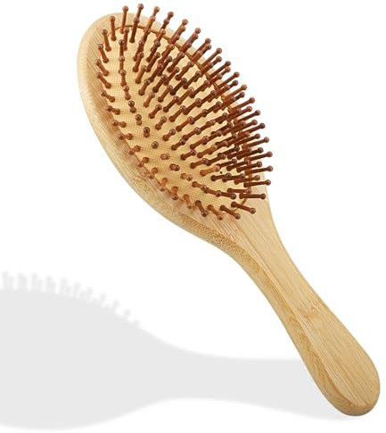 Bambus Haarbürste Holz mit Natur Pins, Bamboo Brush für Frauen Männer und Kinder, Antistatisch und Anti-Frizz Haarbürste (Rund)