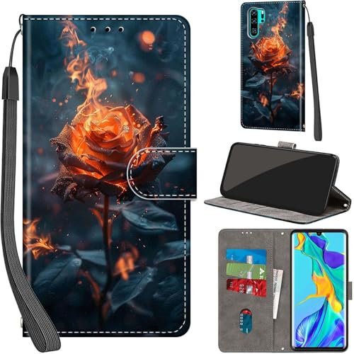 For Huawei P30 Pro Leather Wallet Case,Flip Protective Book Cover with Card Holder,Stand Wrist Strap Magnetic Flip Cover Compatible with for Huawei P30 Pro Case -Flame