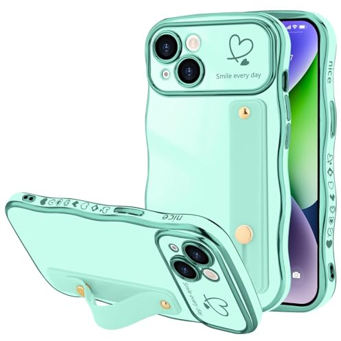 LLZ.COQUE for iPhone 14 Case, Luxury Plating Love-Heart Wave Frame Shape Design, Adjustable Hand Strap Stand Cover, Shockproof Bumper Girls Women Phone Case for iPhone 14, Light Green