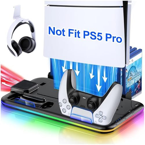 CoguyTech Supporto PS5 con ventola PS5 e controller PS5 stazione di ricarica per PS5/PS5 Slim, supporto per PS5 con porta USB/supporto per auricolari, per accessori PS5, nero
