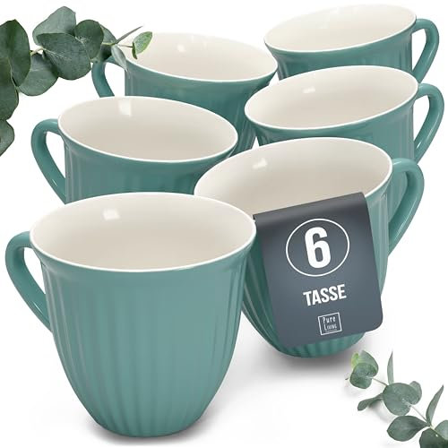 Set of 6 Stoneware Mugs - Coffee Mug Set - Modern, Dishwasher, Microwave, and Scratch Resistant - Stylish Tea and Coffee Mug Set - Coffe Cup - Elegant Grooved Mugs in Petrol