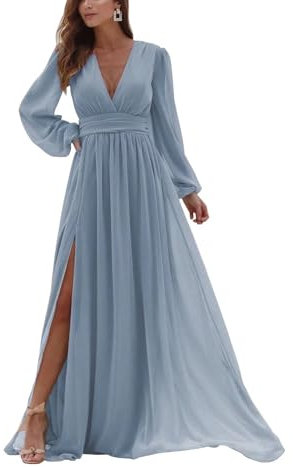 YIANN Dusty Blue Bridesmaid Dresses Long Sleeve V Neck A Line Chiffon Wedding Guest Dress for Women with Slit UK8