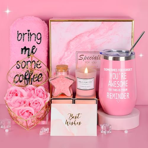 COYBTO Gifts for Her - Insulated 16oz Wine Tumbler, Scented Candles, Pamper Gifts for Women's Birthday, Christmas, Anniversary, Valentine's Day (Pink)
