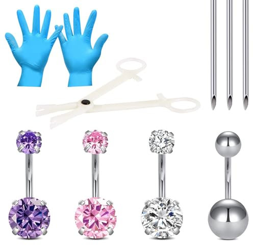 WillTen 13Pcs Bauchnabel Piercing Kit, 14G Bauchnabel Ringe CZ Bauch Ringe 316L Stahl Piercing und Piercing Klemme Bauch Kit für Frauen Bauchnabel Piercing