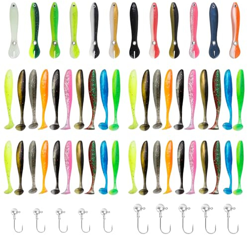 62 Stück Gummiköder Set für Barsch, Zander und Hecht, Gummifisch Köder | in 5.5cm 6.7cm 7cm Größen, inklusive 10 Jighaken Angelköder für Süßwasserfischen