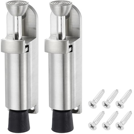sourcing map 2 Pack Kickdown Door Stop, Spring Loaded Telescopic Door Stopper, Adjustable Door Locks Holder for Distance from The Ground 25mm/0.98, Silver