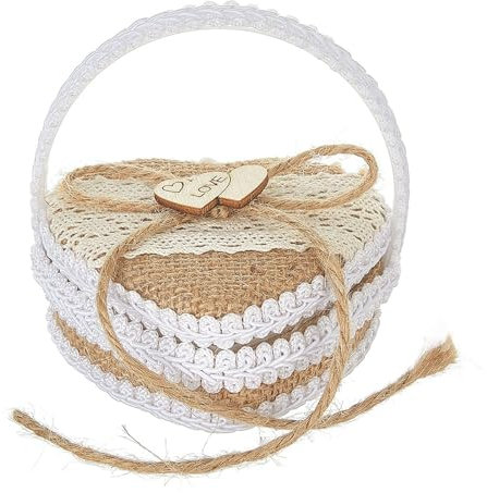 UIYIHIF Beige Leinen Box mit Griff, Herzförmige Vintage Doppel Ringe Dekor Box für Vorschlag Verlobung Hochzeits Zeremonie (A)