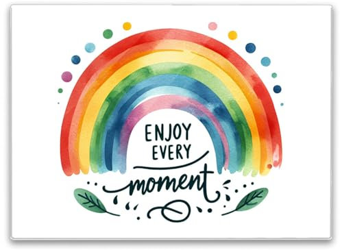 Regenbogen Schneidebrett in 39x28cm mit Spruch Enjoy every moment Motivation in regenbogenfarben Buntes Design mit Rot Orange Gelb und Grün Lebensfreude pur