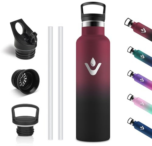 Vikastar Botella Termica, 750ml sin BPA, Botella Agua Acero Inoxidable, a Prueba de Fugas, Botella de Agua, Reutilizable, Cantimplora para Deporte, Gimnasio, Oficina, Rojo & Negro