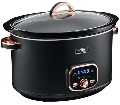 Cooks Professional Digital Slow Cooker 8L with Glass Lid, Cool Touch Handles, Dishwasher Safe Bowl, 2 Heat Settings & Keep Warm & Delay Functions | X-Large One Pot Cooking Machine | Black & Rose Gold