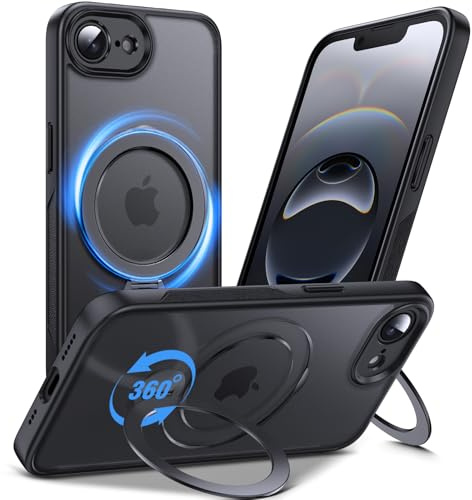 Anqrp 360° All-in-One-Ständerhülle für iPhone 17e/16e Hülle mit Rotierbarem Magnetischem Ständerringhalter, Kompatibel mit MagSafe, Matt Stoßfeste MIL-Grade-iPhone 17e/16e Case 6,1 Zoll, Schwarz