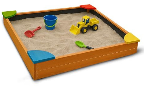 Bestlivings Bac à sable en bois avec couvercle 90 x 90 x 16 cm - Avec tapis de sol contre les mauvaises herbes et les insectes - Bac à sable avec coins colorés pour le jardin