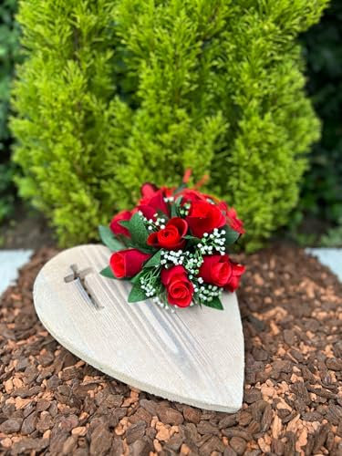 Grabgesteck mit roten Rosen Grabschmuck Gesteck Blumengesteck mit Kunstblumen in Form eines Herz aus Holz