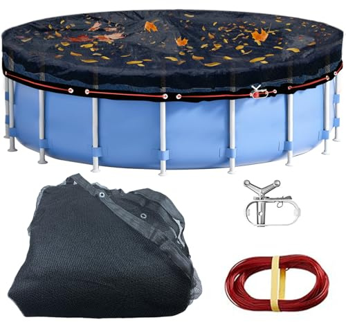 100 m Laubkescher, Poolabdeckung für 9 m rund über dem Boden, langlebig, schwarzes Netz, Schwimmbad-Laubnetzabdeckung mit Seilwinde und Kabel für Blätter und Schmutz, reißfest, UV-beständig und