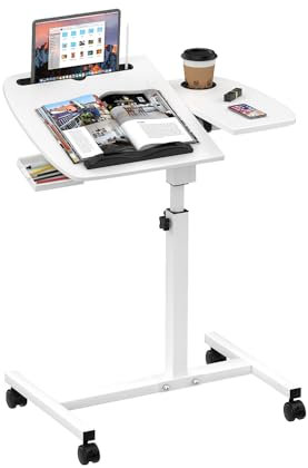 EXSELTMAN Table de Lit Roulette, 60 x 40 cm, Table Ordinateur Roulette, Hauteur réglable, Bureau d'Appoint de Lit à Tiroir, Support Souris Séparé, inclinable à 180°, Petit Bureau Blanc