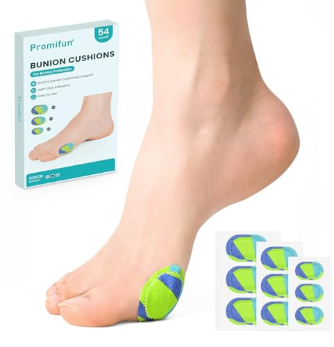 Promifun Bunion Pain Relief Pads to Wear with Shoes - 54 ct Bunion Cushion - Moleskin Protect Feet for Men and Women - Water-Resistant Self-Stick Adhesive (Multi-Size, Patterned)
