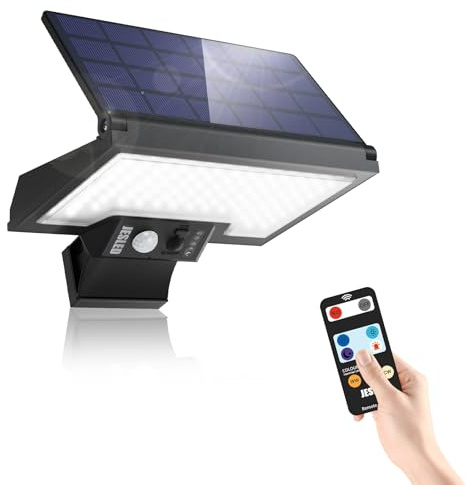 JESLED Lámpara Solar Exterior con Sensor de Movimiento 108 LEDs, Tipo-C, 4 Modos 3 Colores IP65 Impermeable Ángulo Ajustable para Jardín Pared Garaje