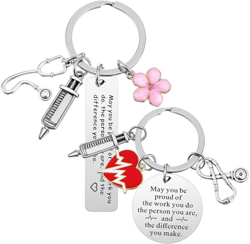 Heclia 2 Stück Krankenschwester Schlüsselanhänger Keychain Schlüsselband | Krankenpfleger Mutmacher Geschenke, Edelstahl Metall, mit Gravur, Spritze Stethoskop Muster, Spritzenanhänger