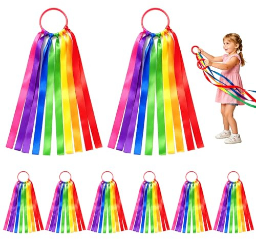 PORFOYO Lot de 8 bandes de danse pour enfants avec anneaux - Bande de gymnastique rythmique - Bande arc-en-ciel pour spectacle de danse et sport - 10 cm - Anneau de 45 cm