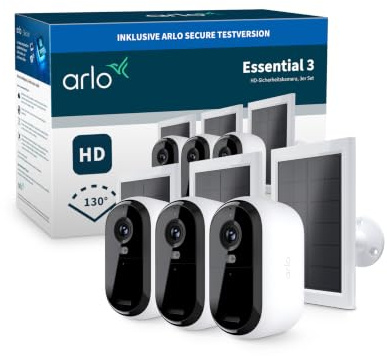 Arlo Essential 3 HD + 3 Panneau Solaire, Caméra de Surveillance WiFi Extérieure sans Fil, Autonomie de 6 Mois, Vision Nocturne Couleur, Audio Bidirectionnel, Essai Secure Inclus, 3 Caméras Blanc