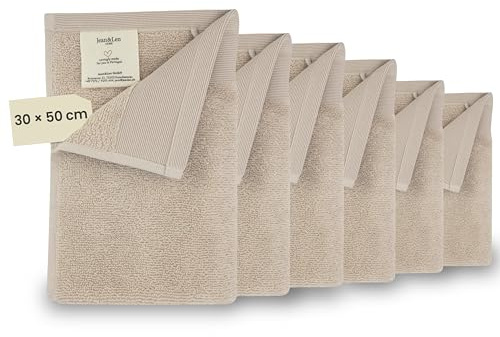 Jean & Len Gästehandtuch Set aus 100% Bio-Baumwolle, in der Farbe beige, mit Aufhänger, Oeko-TEX und GOTS Zertifiziert, Markenlabel aus veganem Leder, 6 x Gästehandtücher 30x50 cm