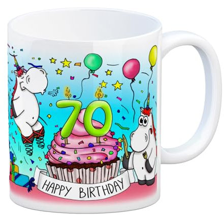 Honeycorns Tasse zum 70. Geburtstag mit Muffin und Einhorn Party Kaffeebecher