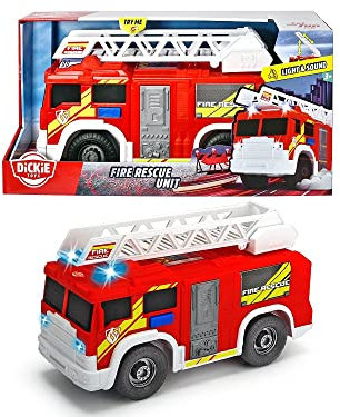 Dickie Toys 203306000 Fire Rescue Unit, Fire Engine, Toy Car, Fire Brigade, Moveable and Extendable Ladder, Light & Sound, Includes Batteries, 30 cm Large, from 3 Years, Multi-Coloured