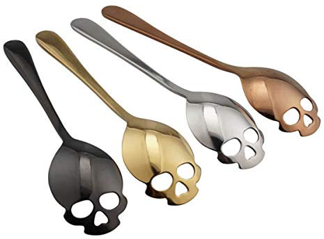 Wahdawn Cool Stainless Steel Skull Spoons Tableware for Coffee Tea Sugar Halloween Gifts, Set of 4