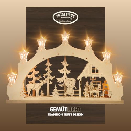 weigla - Schwibbogen original Erzgebirge I LED Lichterbogen Weihnachten I Motiv Weihnachtsabend I 7 Lampenkerzen + 1 Ersatzlampe I 7 x 34 V, 0,2 W, E10 I beleuchtete Weihnachtsdeko