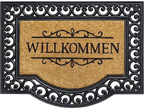 Kokosmatte als innen und aussen-bereich Fußmatte in 60x80 cm - Kokosfaser Gummi Türmatte Willkommen Spruch Ornamente als Sauberlaufmatte - Outdoor Fußabstreifer für Haustür, Flur, Garten